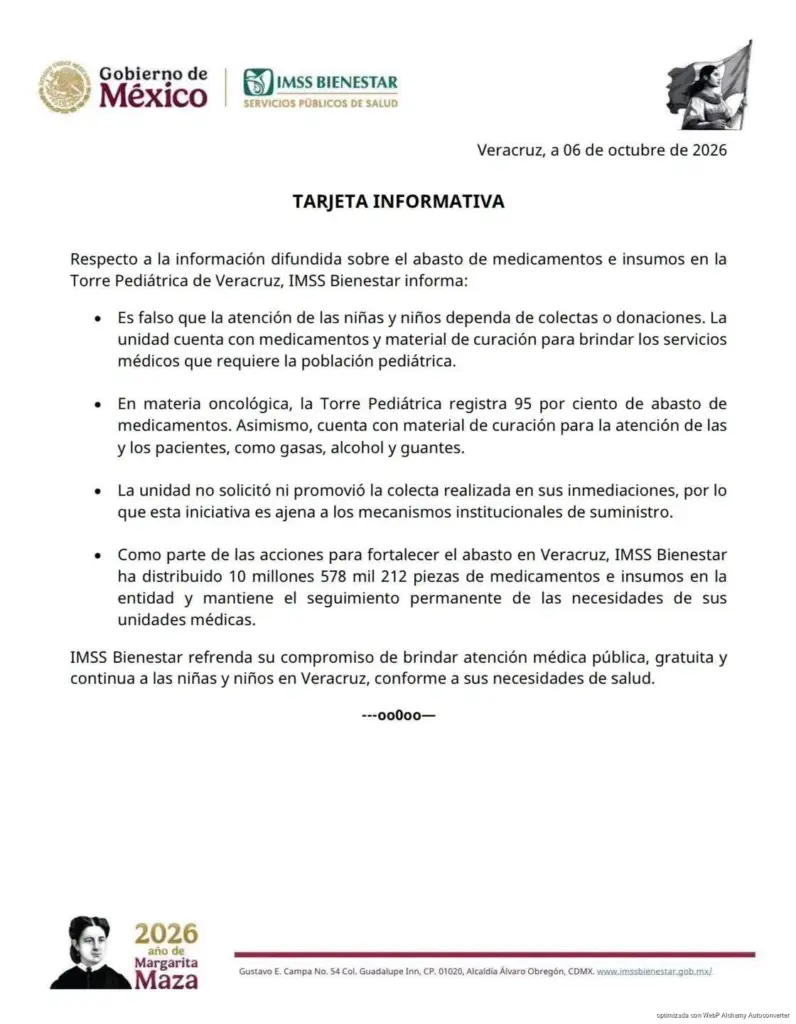 IMSS Bienestar niega desabasto en la Torre Pediátrica de Veracruz