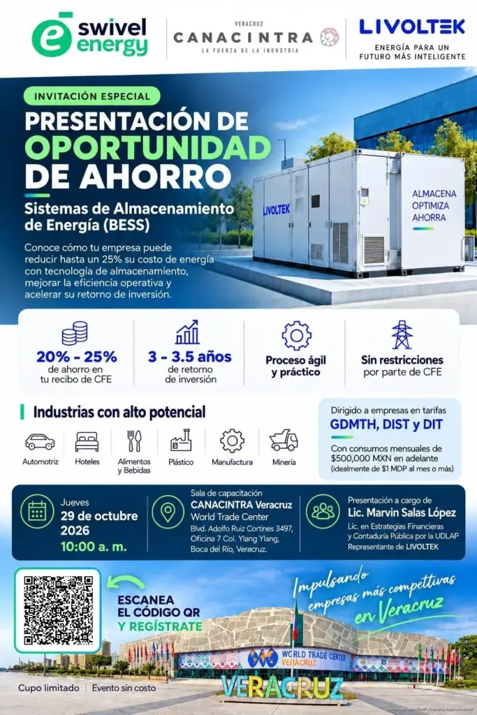 CANACINTRA Veracruz presentará sistemas BESS Veracruz para reducir hasta un 25 por ciento el gasto eléctrico industrial